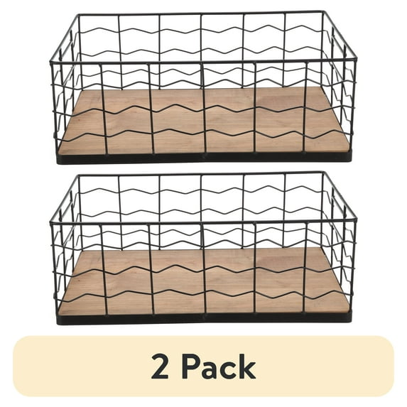 (2 pack) BHG Decorative Black Wire Basket with Wood Board Base, 15.75” L x 9.45” W x 5.91” H