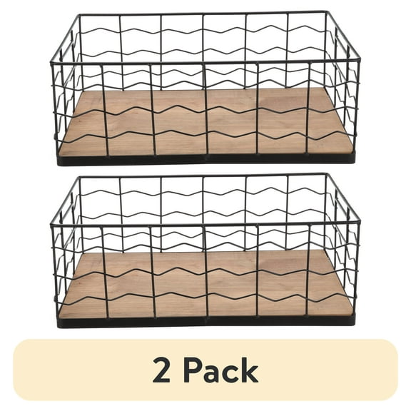 (2 pack) BHG Decorative Black Wire Basket with Wood Board Base, 15.75” L x 9.45” W x 5.91” H