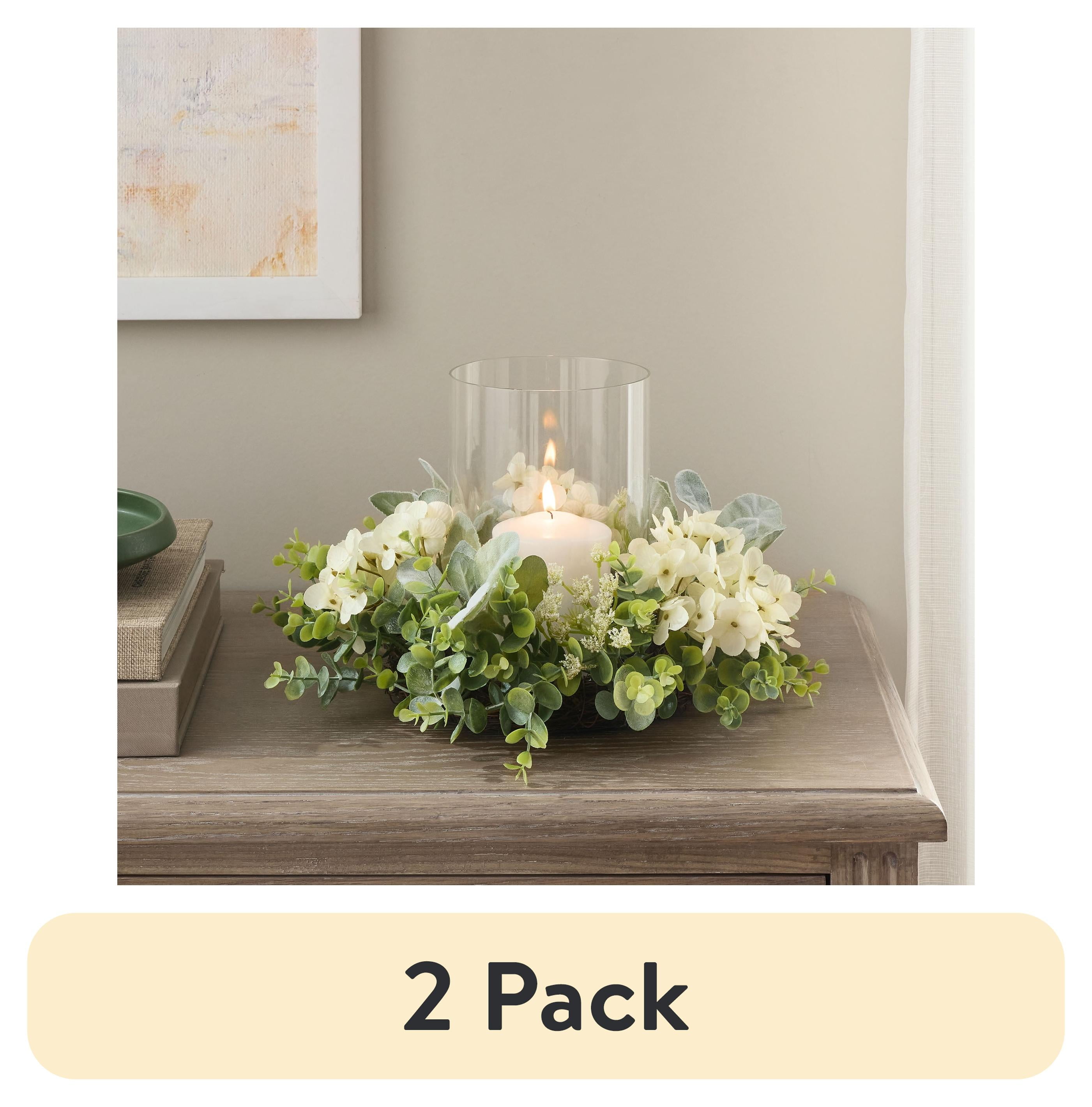 (2 pack) Mainstays Decorative Hurricane Pillar Candleholder with Faux White Hydrangea, 11 in x 11 in x 8 in