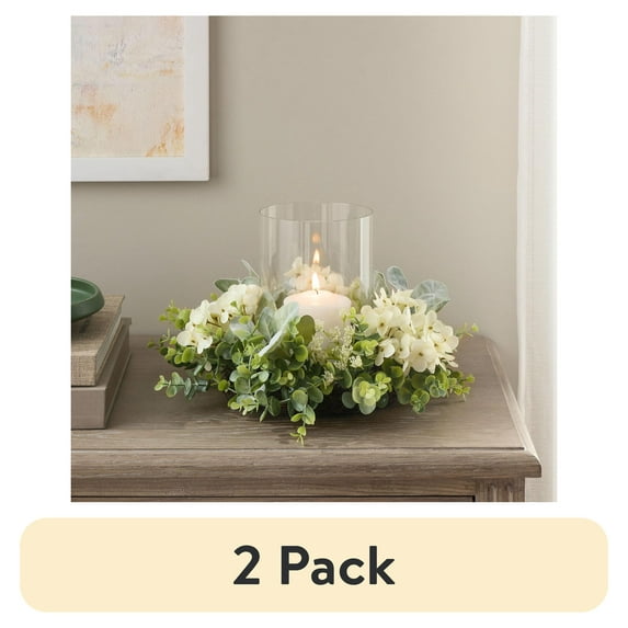 (2 pack) Mainstays Decorative Hurricane Pillar Candleholder with Faux White Hydrangea, 8"