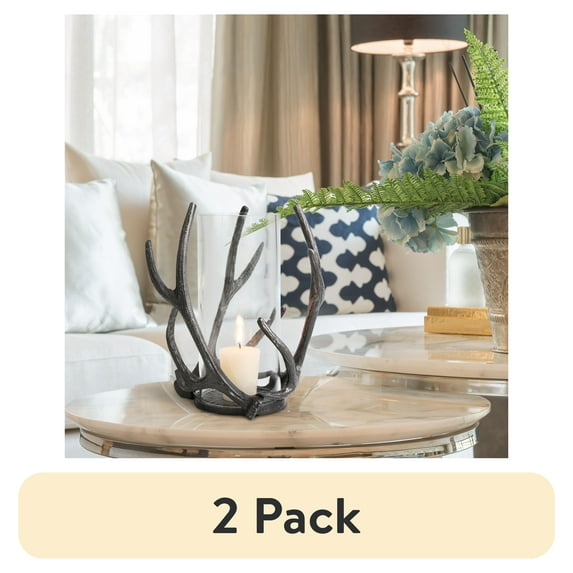 (2 pack) Mainstays Decorative Metal Rustic Antler Hurricane Pillar Candleholder, Black