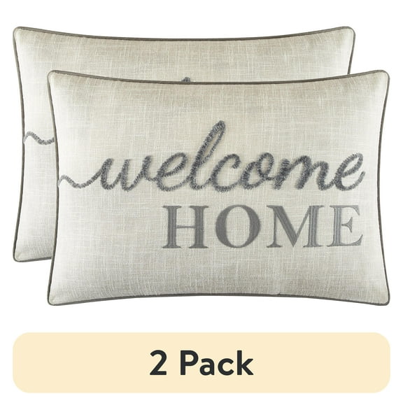 (2 pack) Mainstays Decorative Pillow, Welcome Home Embroidered Faux Linen, Gray, Adult, 14 in x 20 in