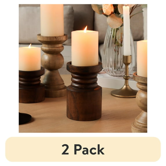 (2 pack) Mainstays Decorative Wood Pillar Candleholder, Dark Brown, 6"