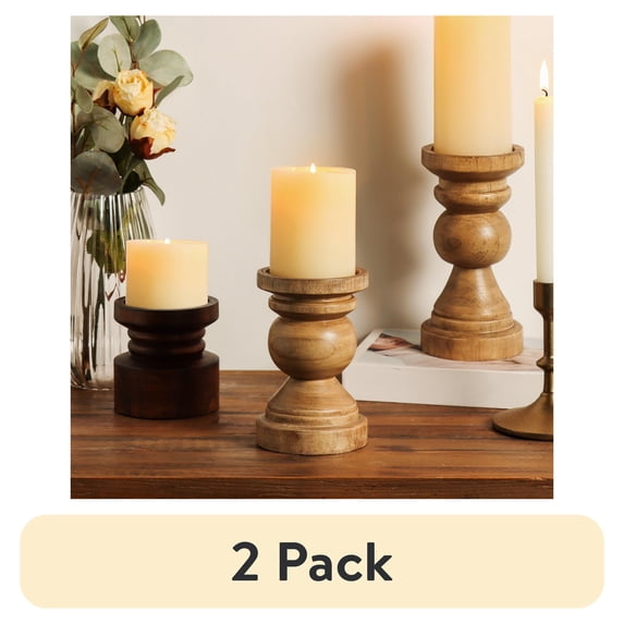 (2 pack) Mainstays 6" Decorative Wood Pillar Candle Holder, Natural