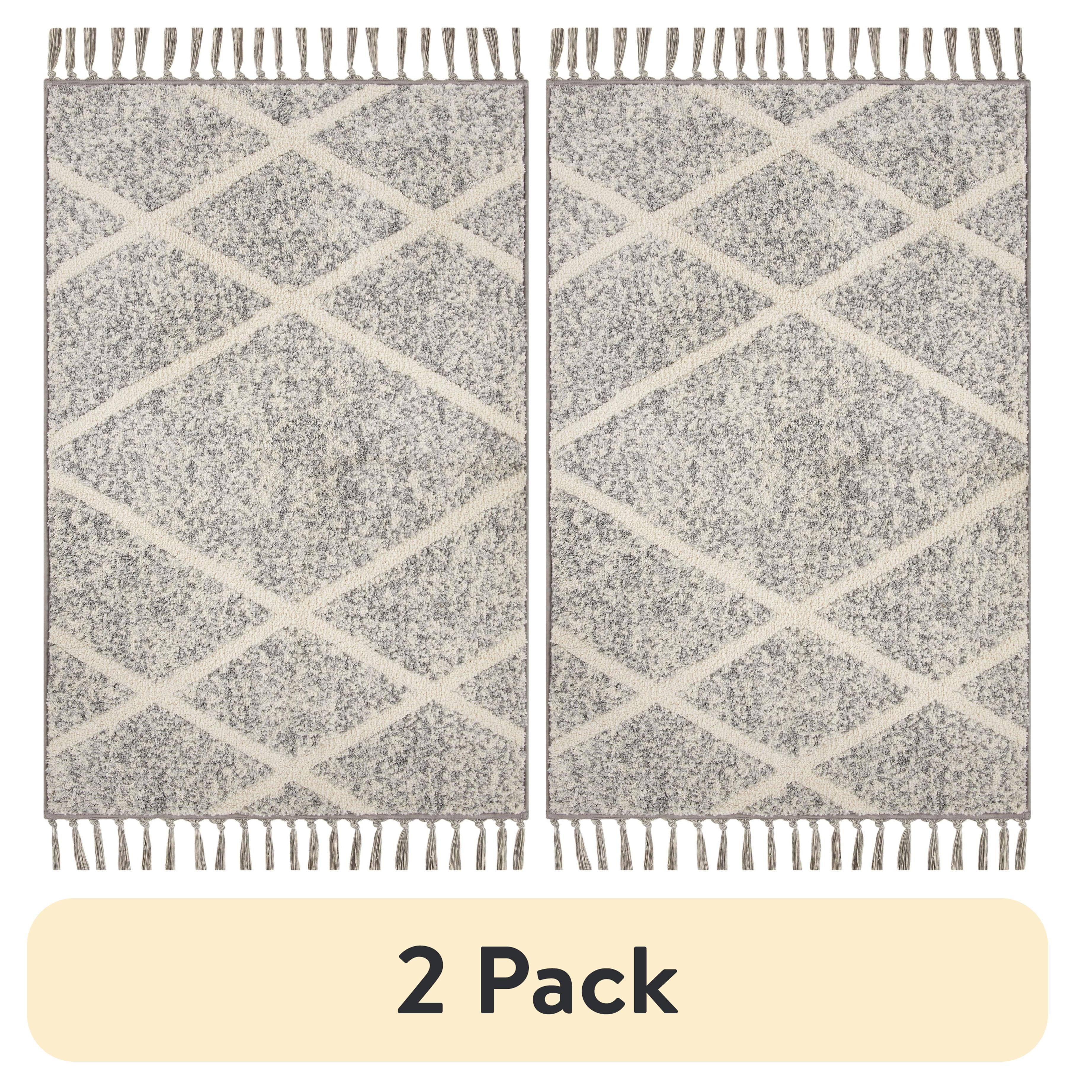 (2 pack) Mainstays Diamond Microfiber Plush Non-Skid Indoor 30" x 45" Accent Rug with Fringe - Grey/Ivory