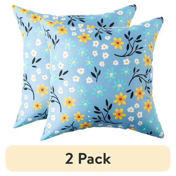 (2 pack) Mainstays Ditsy Floral Reversible Outdoor Throw Pillow 16 Inch Blue Novelty and Floral
