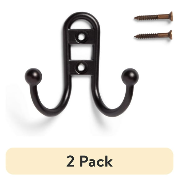 (2 pack) Mainstays, Double Hook Bronze Metal Hooks, for Hanging Towels and Coats, 10 lbs Capacity, 1 Pc
