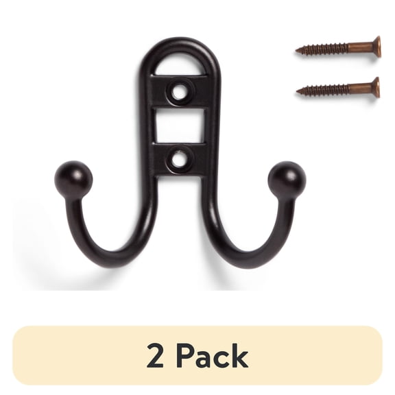 (2 pack) Mainstays, Double Hook Bronze Metal Hooks, for Hanging Towels and Coats, 10 lbs Capacity, 1 Pc