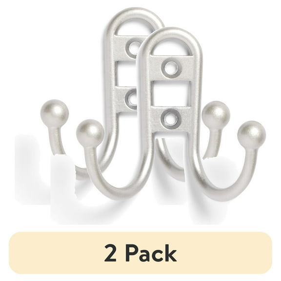 (2 pack) Mainstays, Double Hook Satin Nickel Metal Hooks, for Hanging Towels and Coats, 10 lbs Capacity, 1 Pc