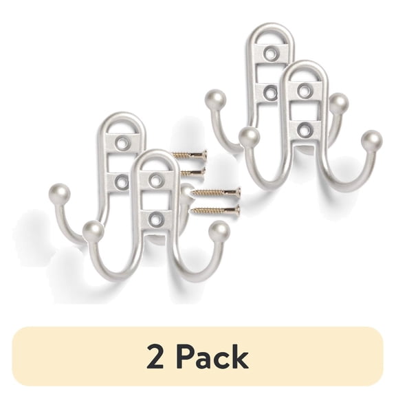 (2 pack) Mainstays, Double Hook Satin Nickel Metal Hooks, Clutter-Free Hooks for Hanging Towels and Coats, 10 lbs Capacity, 3 Pack