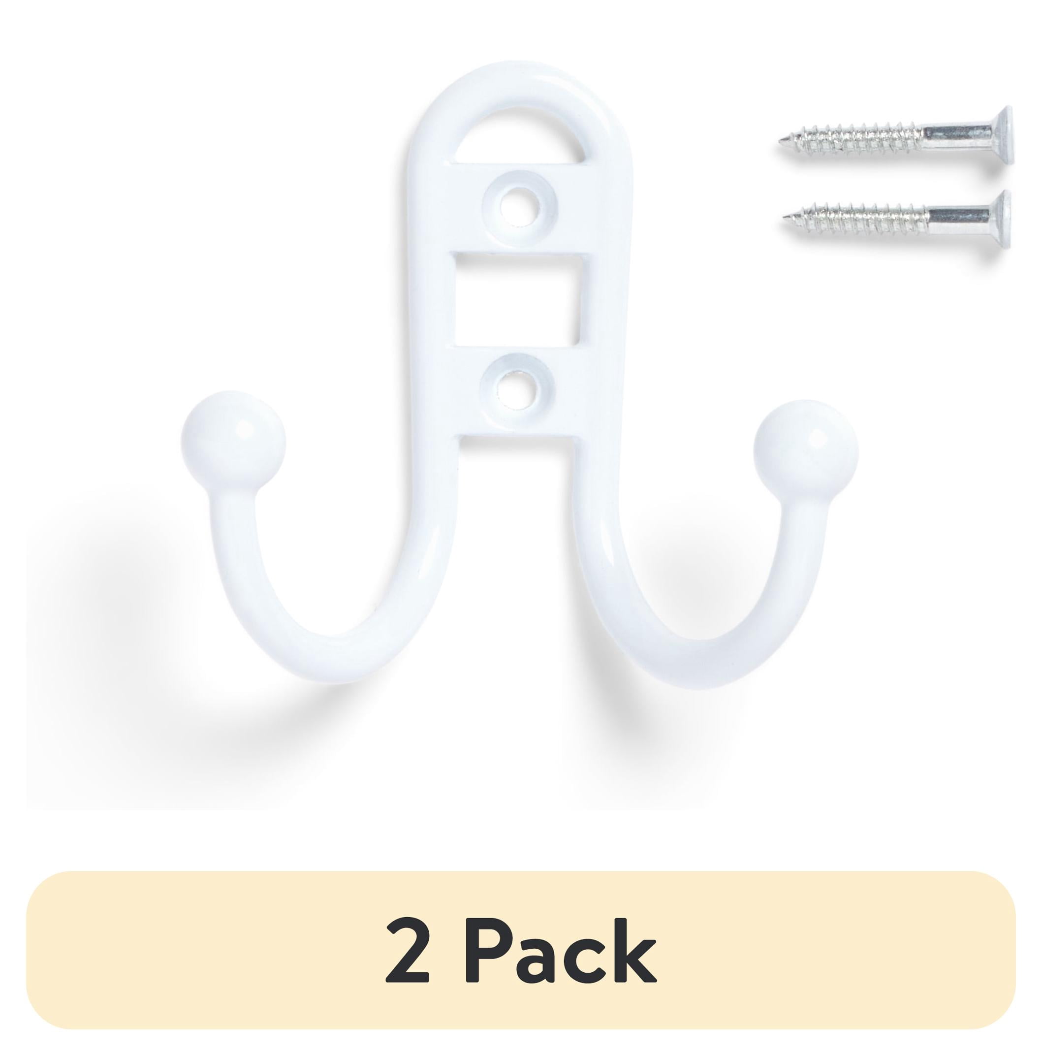 (2 pack) Mainstays, Double Hook White Metal Hooks, for Hanging Towels and Coats, 10 lbs Capacity, 1 Pc