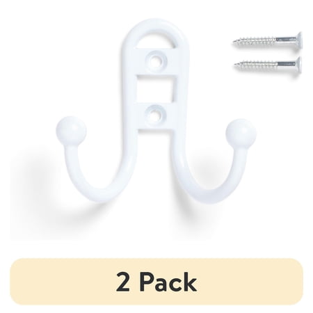 (2 pack) Mainstays, Double Hook White Metal Hooks, for Hanging Towels and Coats, 10 lbs Capacity, 1 Pc