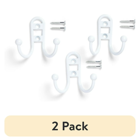 (2 pack) Mainstays, Double Hook White Metal Hooks, Clutter-Free Hooks for Hanging Towels and Coats, 10 lbs Capacity, 3 Pack