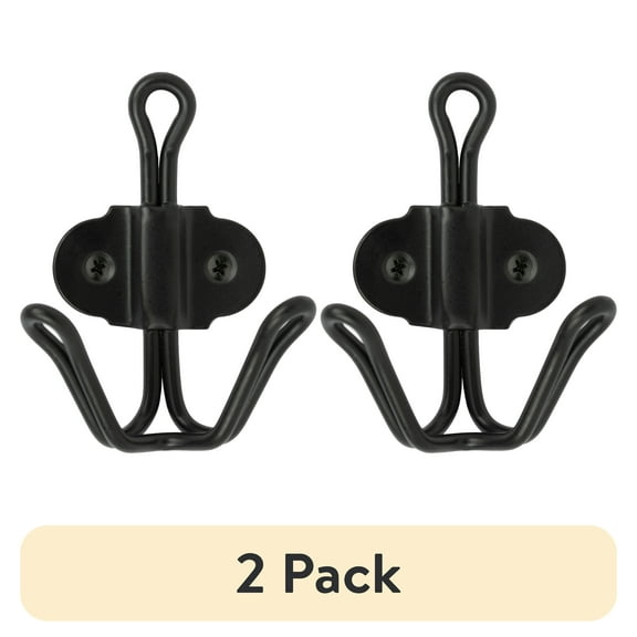 (2 pack) Mainstays Double Prong Metal Wall Mounted Coat and Hat Hook, Matte Black