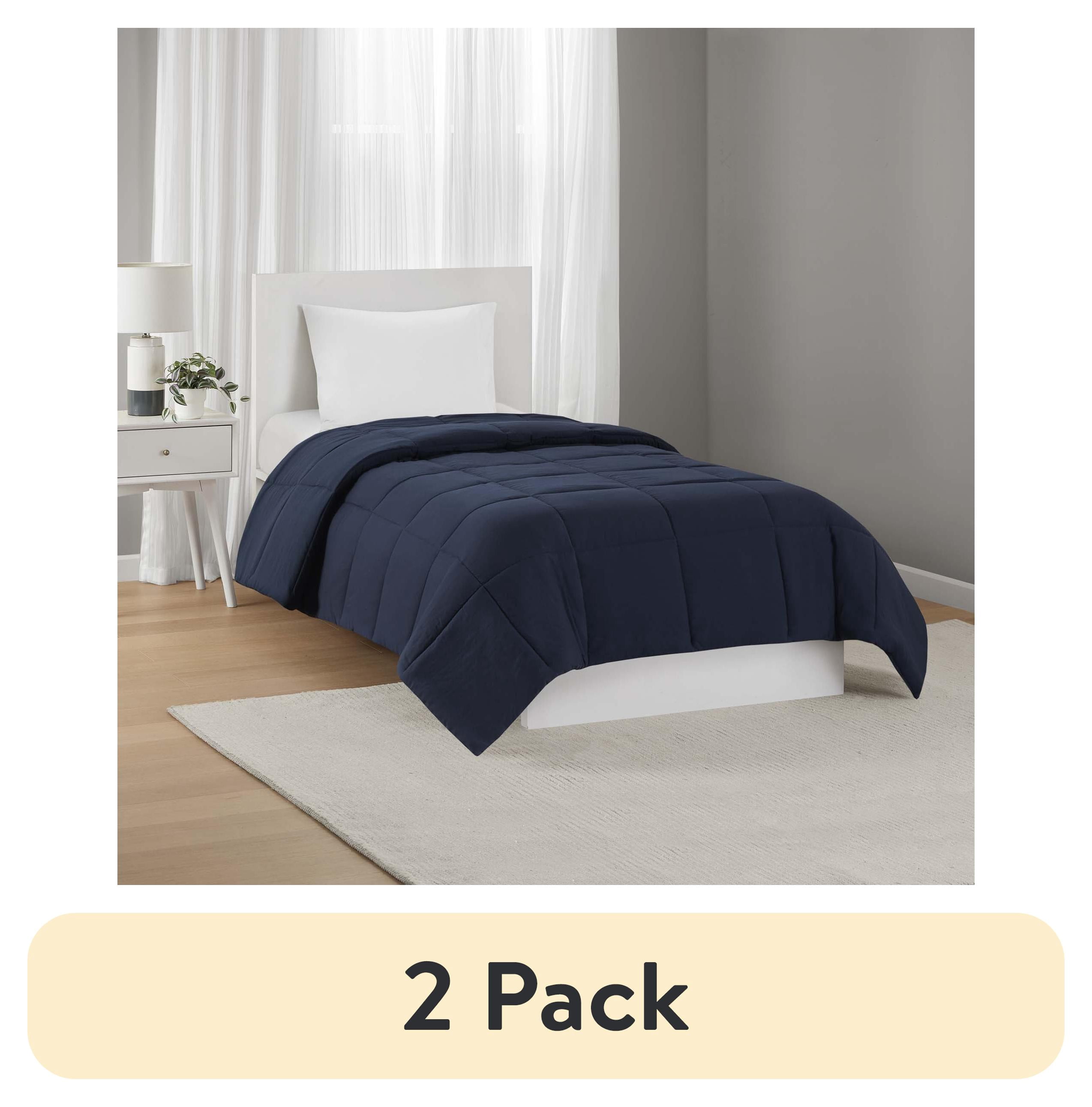 (2 pack) Mainstays Down Alternative Comforter, Navy, T/TXL, All Ages, All Season, Unisex
