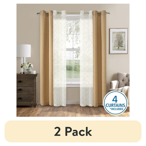 (2 pack) Mainstays Embroidered Curtain Panels, Set of 4, Gold, 27.5" W x 84" L
