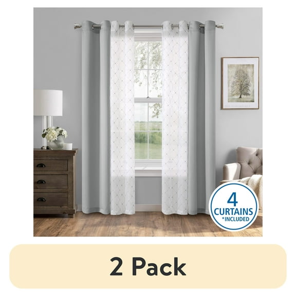 (2 pack) Mainstays Embroidered Curtain Panels, Set of 4, Grey, 27.5" W x 84" L
