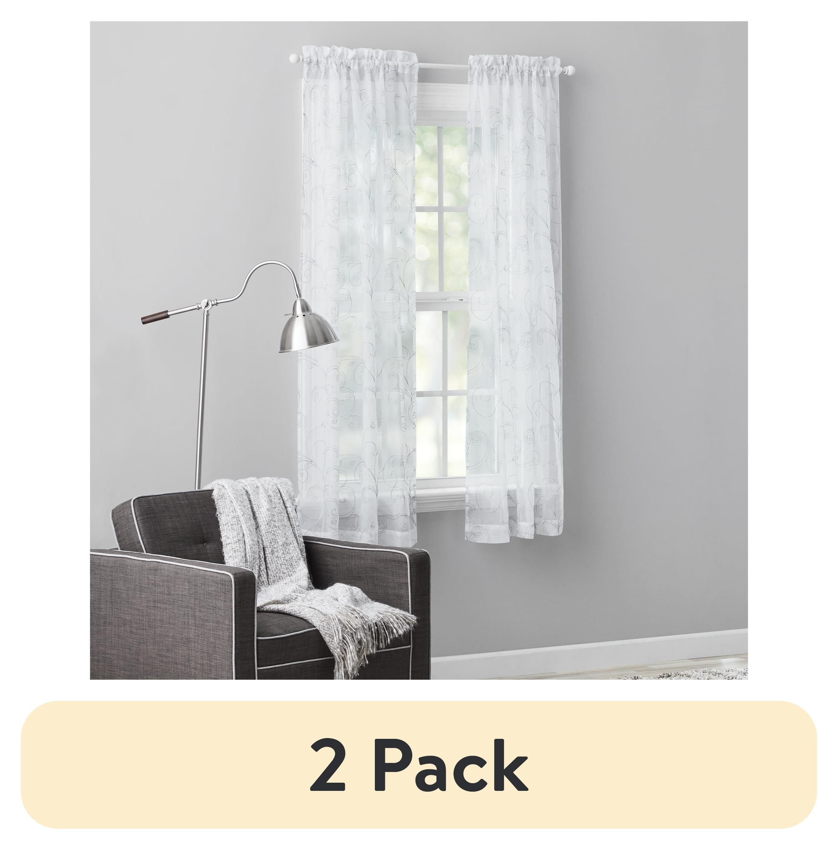 (2 pack) Mainstays Embroidered Scroll Sheer Single Curtain Panel with Rod Pocket, White/Grey, 38 in x 63 in