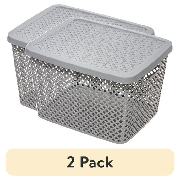 (2 pack) Mainstays Extra Large Decorative Plastic Storage Basket w/Lid, Gray
