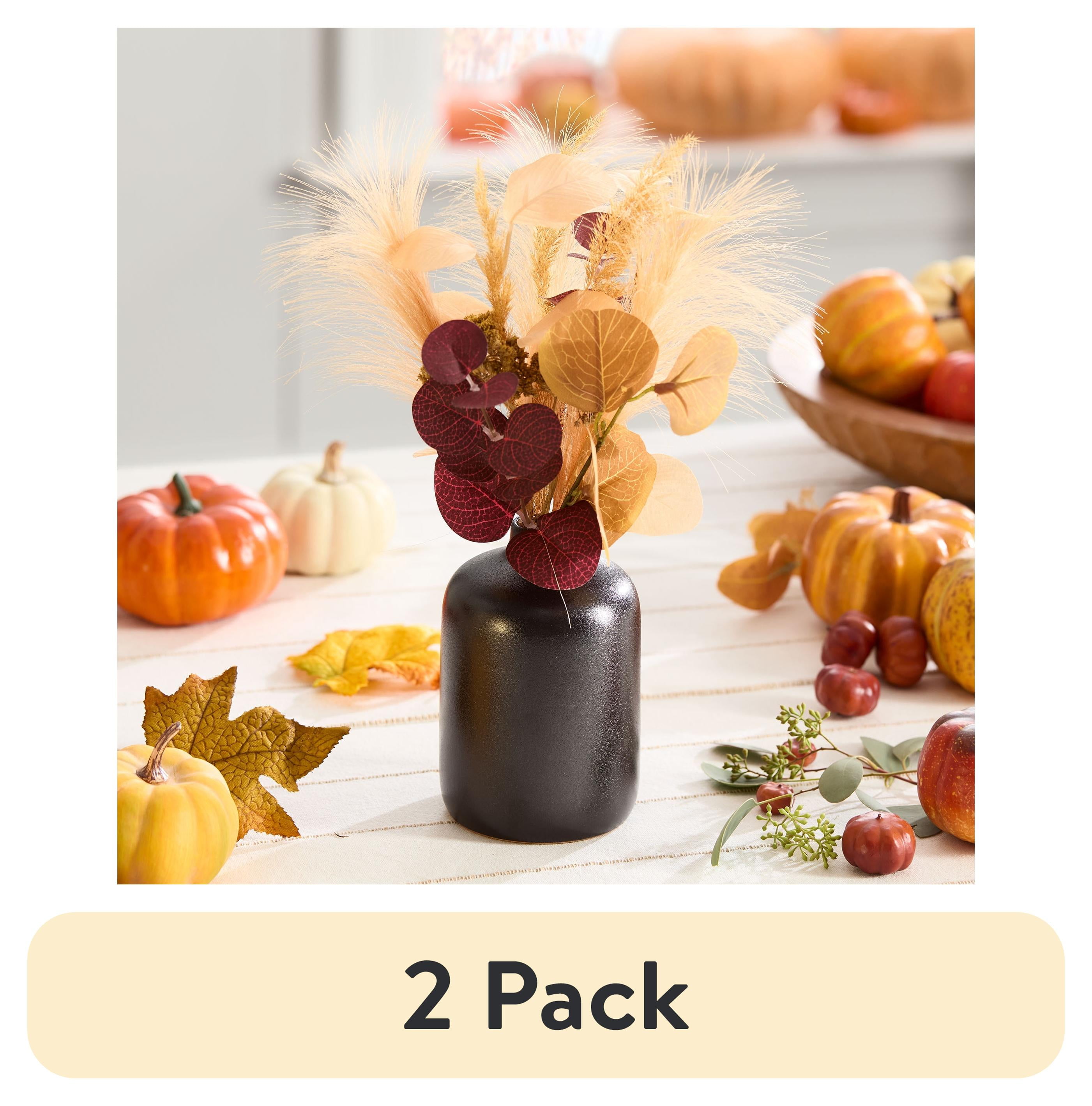(2 pack) Mainstays Fall Decorative Black Ceramic Vase with Artificial Brown Floral Foliage