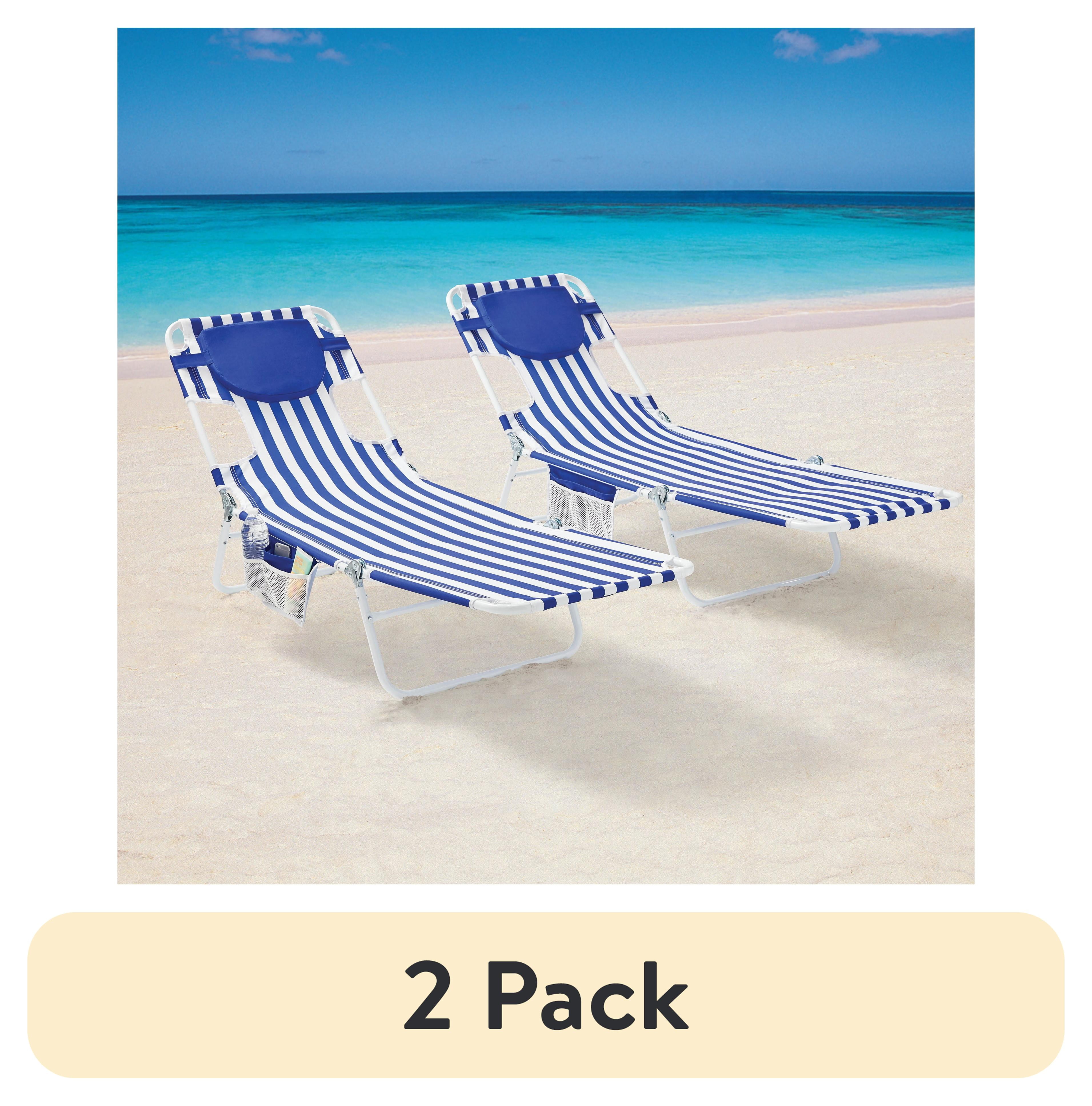 (2 pack) Mainstays Folding Backpack Face-Down Beach Fabric Lounger, Blue & White Stripe, 2 Pack