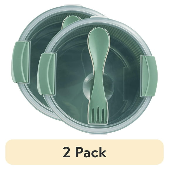 (2 pack) Mainstays Food Storage Bento Container, Round, Green, 47oz Capacity, A Practical Choice for School Lunches and Activities