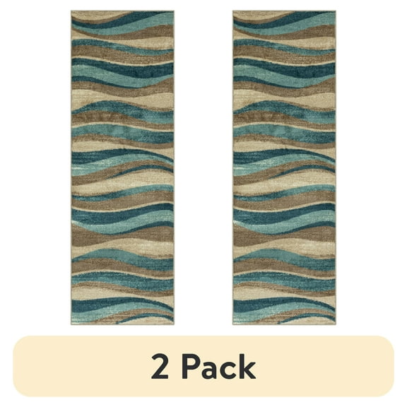 (2 pack) Mainstays Geometric Blue Brown Waves Indoor Hallway Runner Rug, 2'x6'