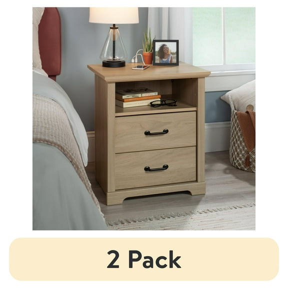 (2 pack) Mainstays Harrington 2 Drawer Nightstand, Washed Oak Finish