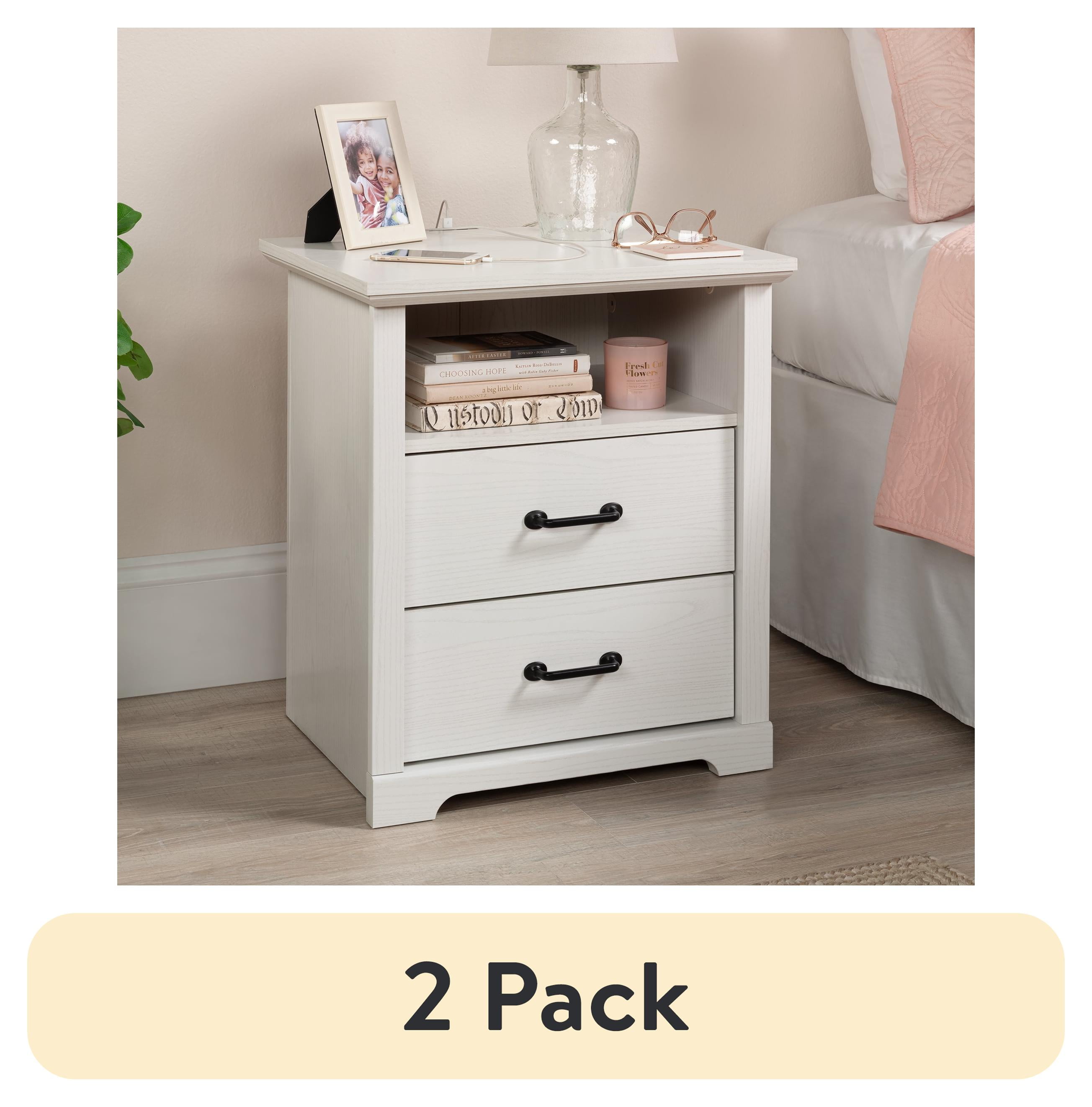 (2 pack) Mainstays Harrington 2 Drawer Nightstand, White Wood Finish