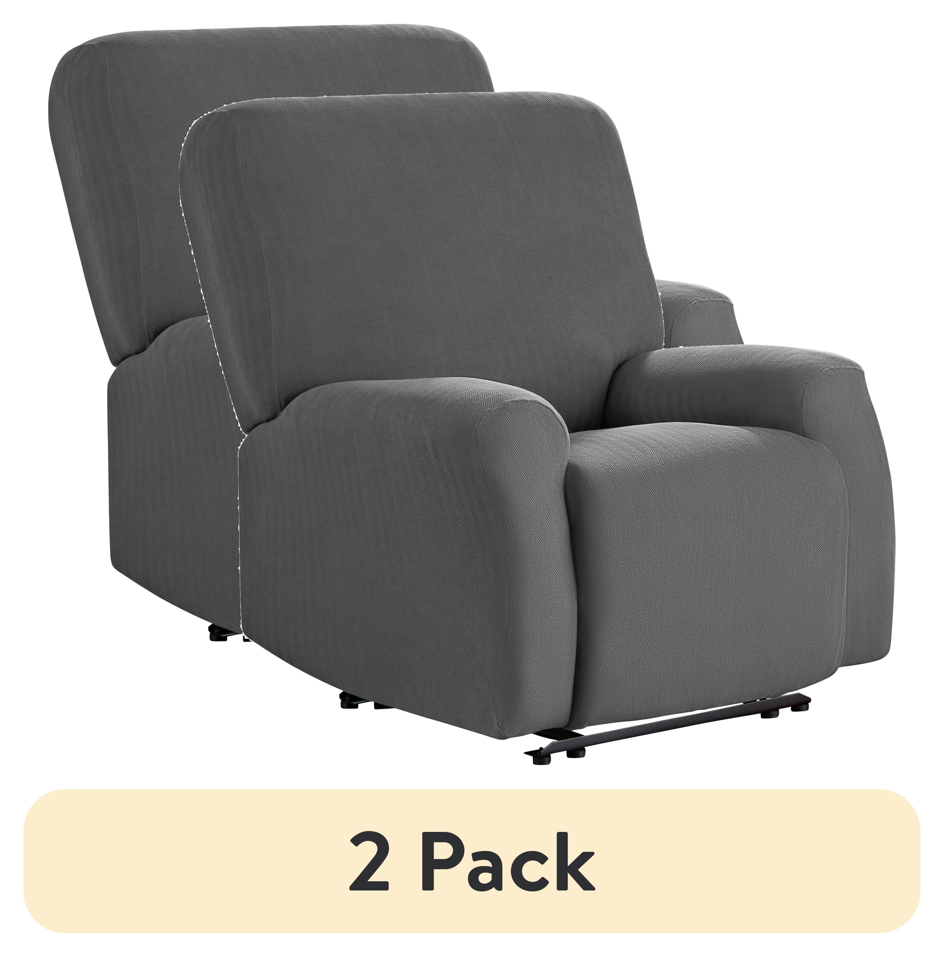 (2 pack) Mainstays Herringbone Stretch-to-Fit Fabric Recliner Slipcover, Stain Protection, 4-Piece, Charcoal