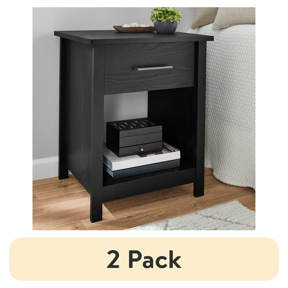 (2 pack) Mainstays Hillside Nightstand with Drawer, Black Finish