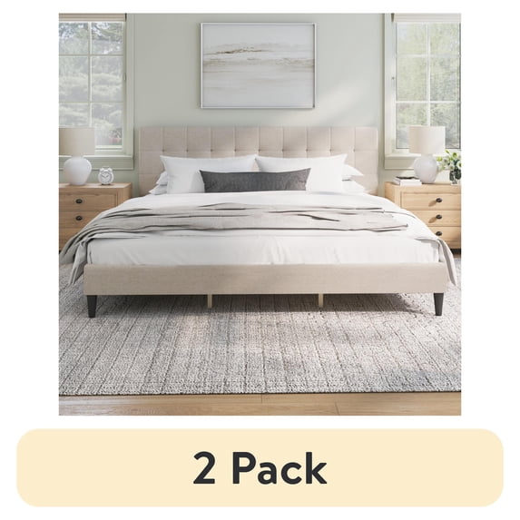 (2 pack) Mainstays Hillside Square Tufted Upholstered King Platform Bed, Ivory Fabric