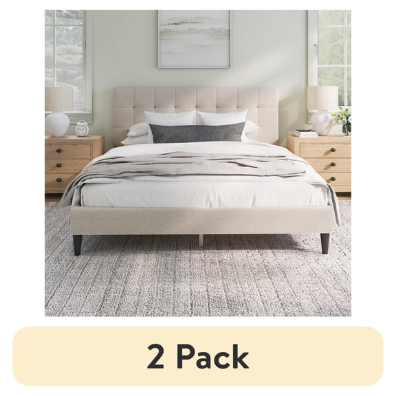 (2 pack) Mainstays Hillside Queen Platform Bed with Square Tufted Upholstered Headboard, Ivory Fabric