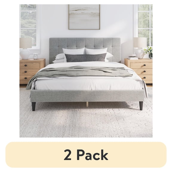 (2 pack) Mainstays Hillside Square Tufted Upholstered Queen Platform Bed, Light Gray Fabric
