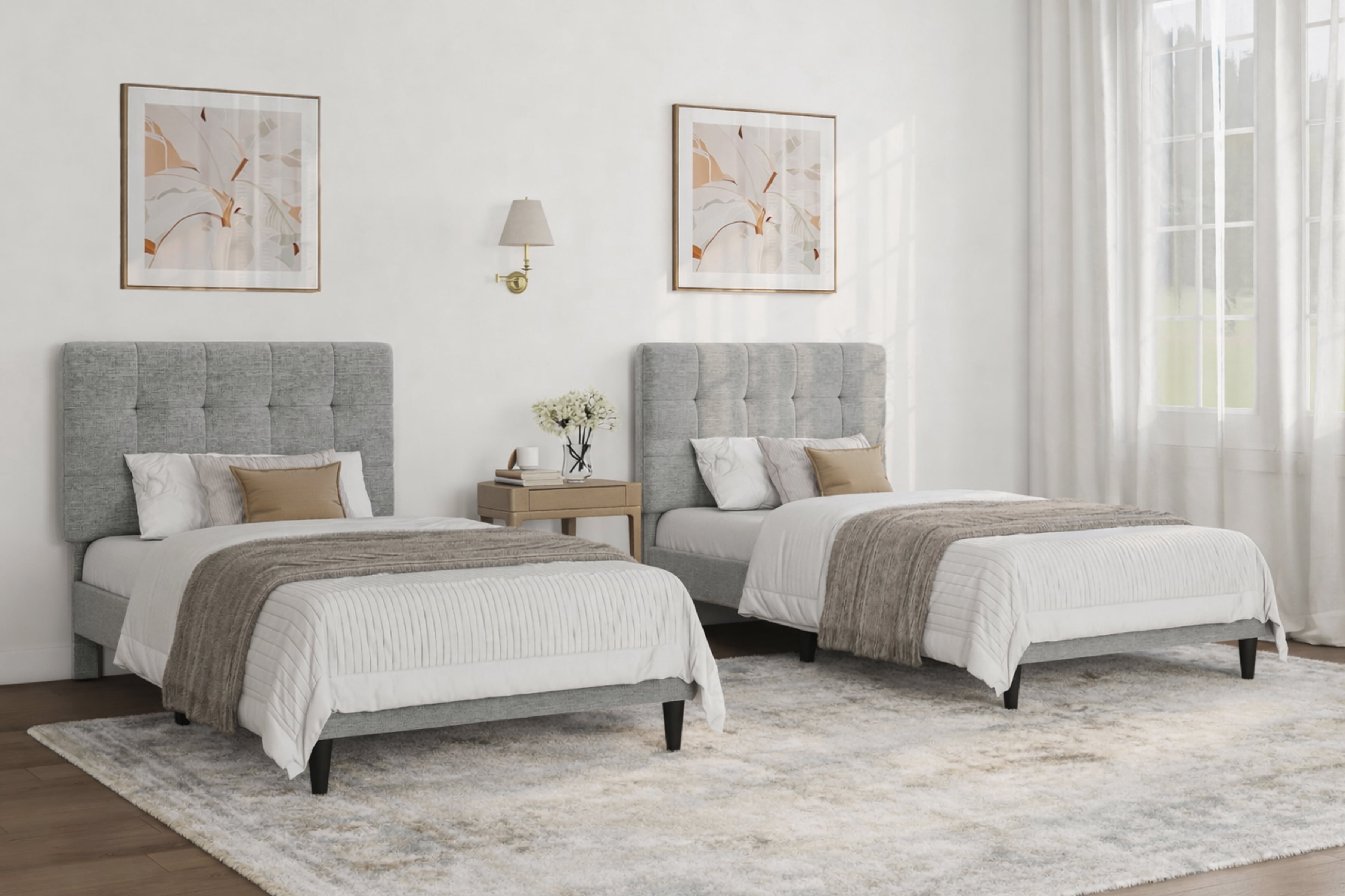 (2 pack) Mainstays Hillside Square Tufted Upholstered Twin Platform Bed, Light Gray Fabric