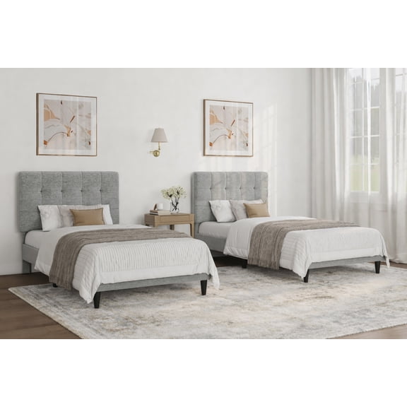 (2 pack) Mainstays Hillside Square Tufted Upholstered Twin Platform Bed, Light Gray Fabric
