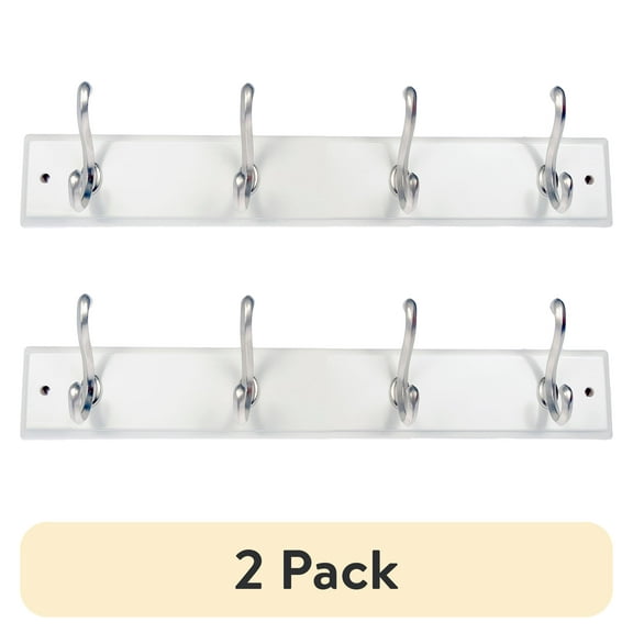 (2 pack) Mainstays White 18 inch Hook Board with 4 Satin Nickel Hooks for Coats, Bags, Leashes, Keys, Towels, 30 lbs Capacity, 1 Pack