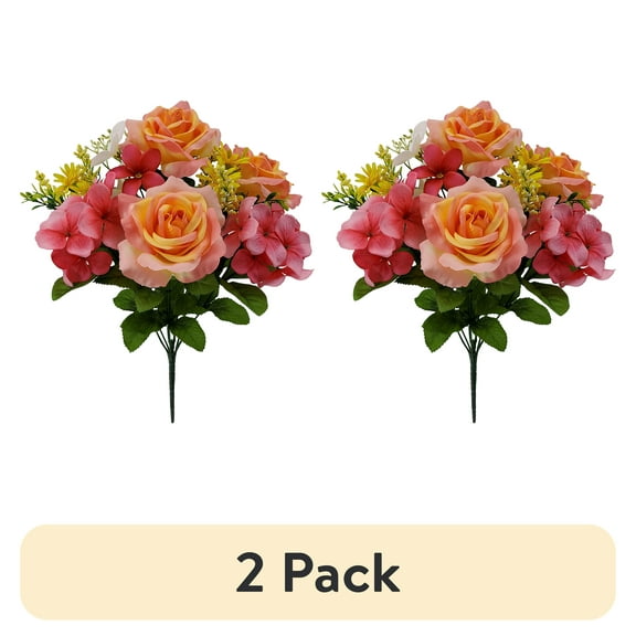 (2 pack) (2 pack) Mainstays Artificial Flower Bush, Rose and Hydrangea, Pink/Fuchsia, 16 in