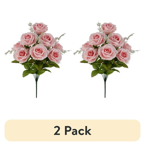 (2 pack) Mainstays Indoor Artificial Flower Rose Bush, Pink Color, Assembled Height 17.5"