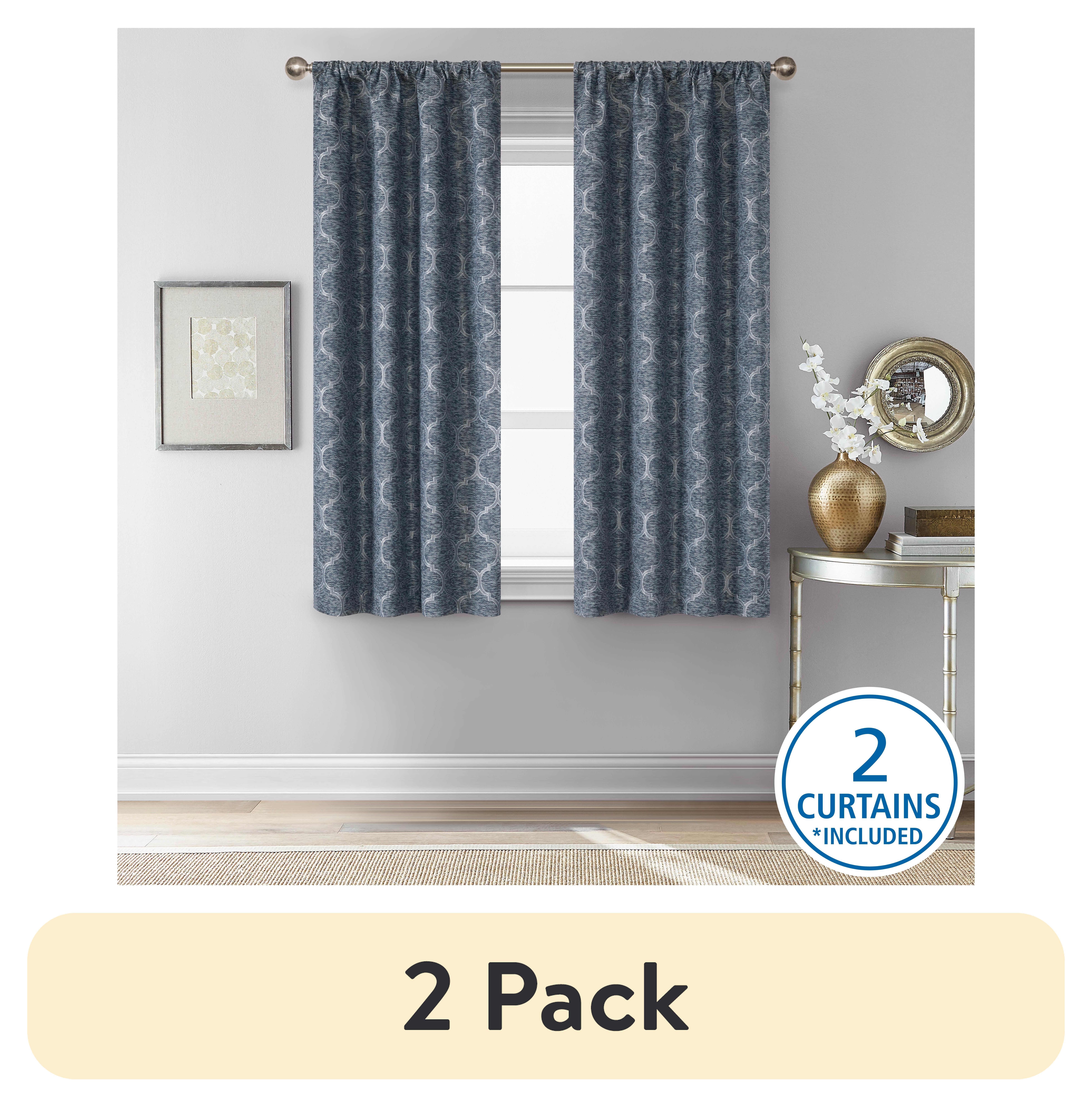 (2 pack) Mainstays Jacquard Blackout Panel Pair, Set of 2 Curtains, Blue Ogee, 37"W x 63" L