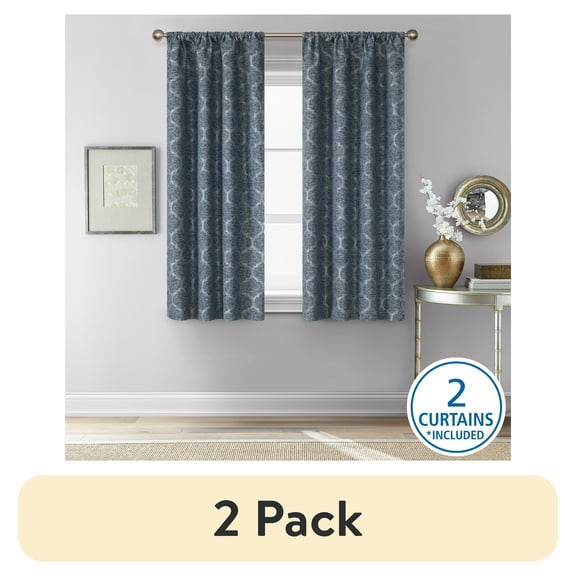 (2 pack) Mainstays Jacquard Blackout Panel Pair, Set of 2 Curtains, Blue Ogee, 37"W x 63" L