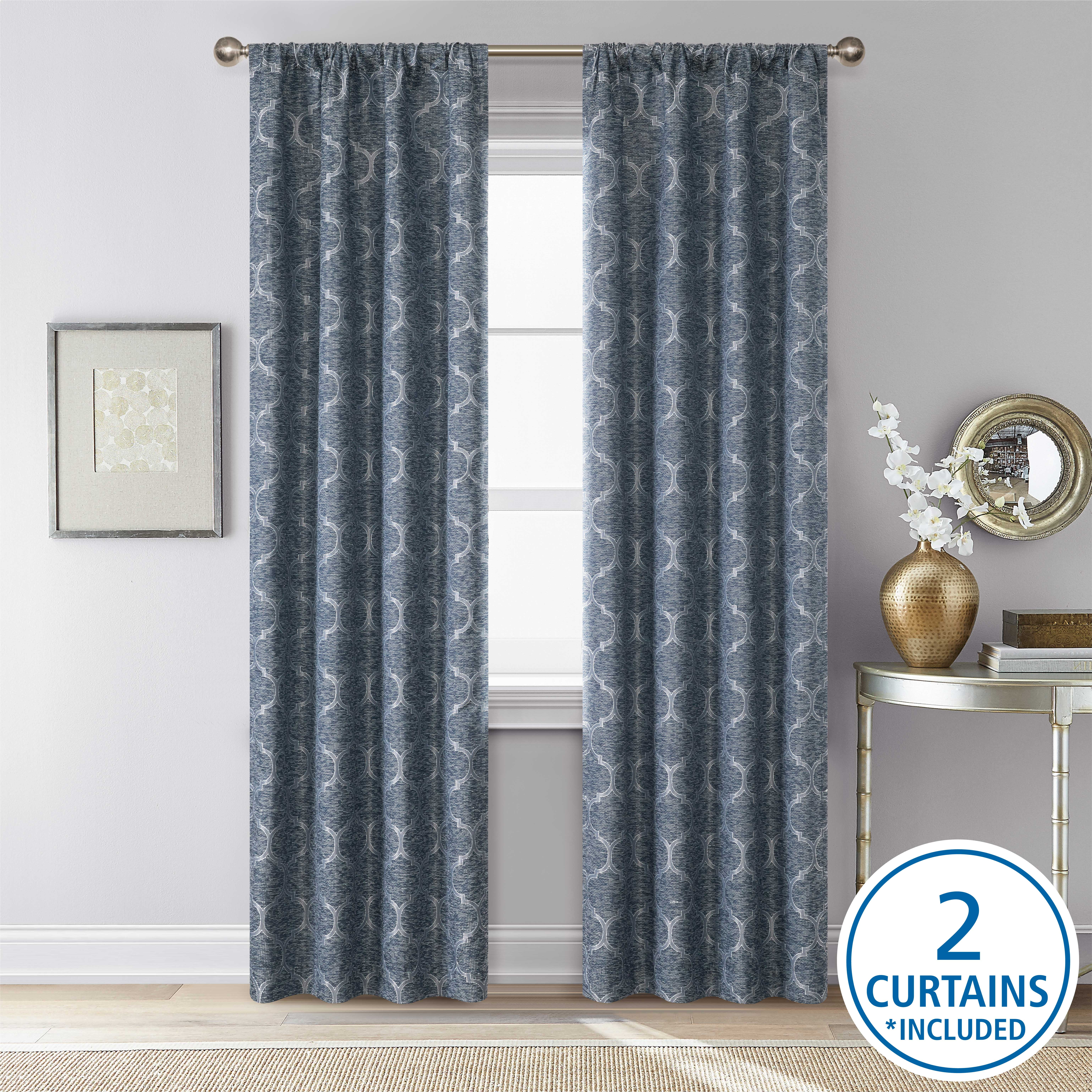 (2 pack) Mainstays Jacquard Blackout Panel Pair, Set of 2 Curtains, Blue Ogee, 37" W x 84" L