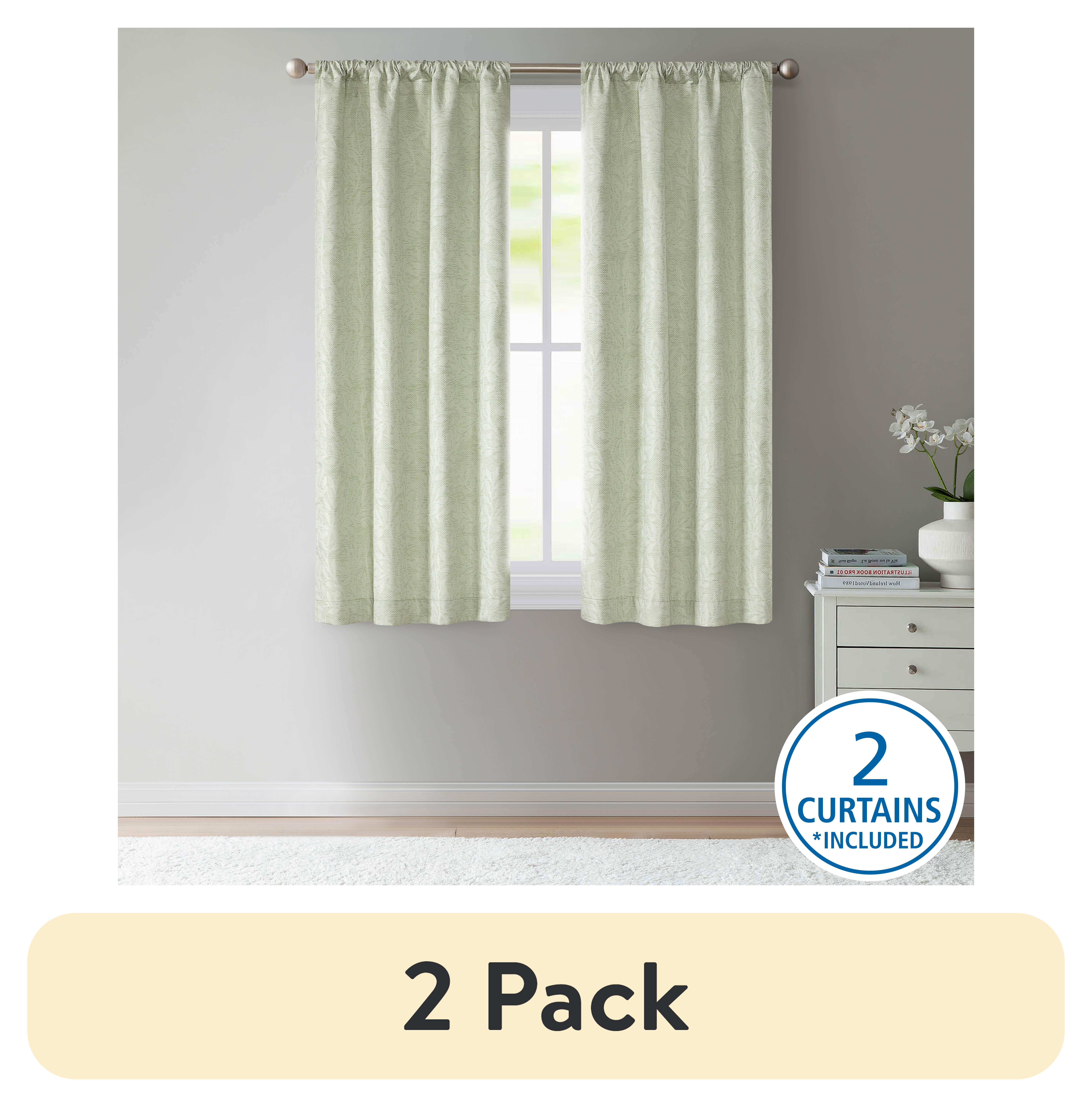 (2 pack) Mainstays Jacquard Blackout Panel Pair, Set of 2 Curtains, Green Botancial, 37" W x 63" L