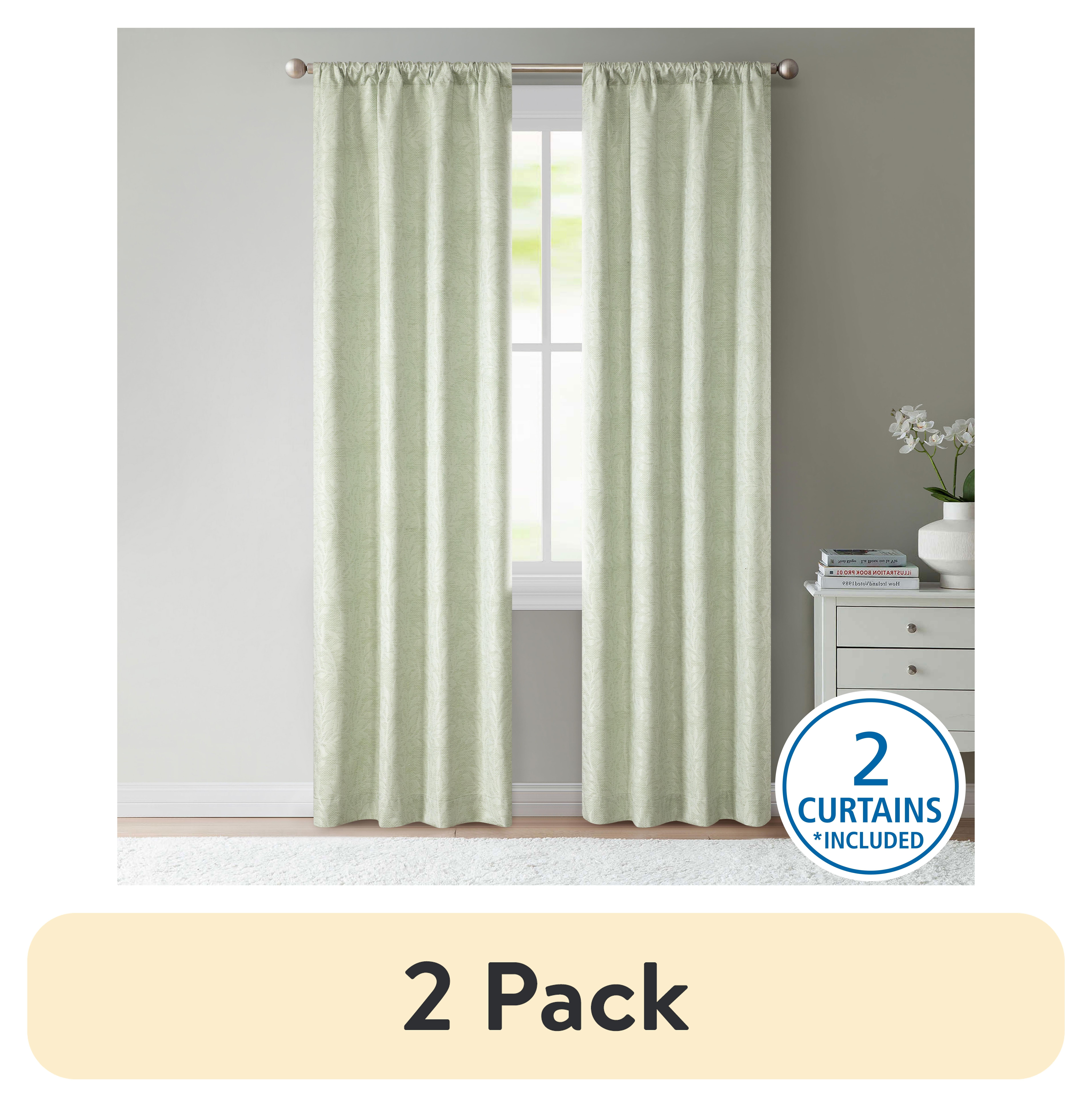 (2 pack) Mainstays Jacquard Blackout Panel Pair, Set of 2 Curtains, Green Botanical, 37" W x 84" L