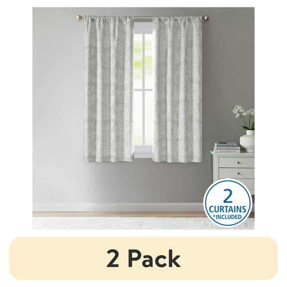 (2 pack) Mainstays Jacquard Blackout Panel Pair, Set of 2 Curtains, Silver Botancial, 37" W x 63" L