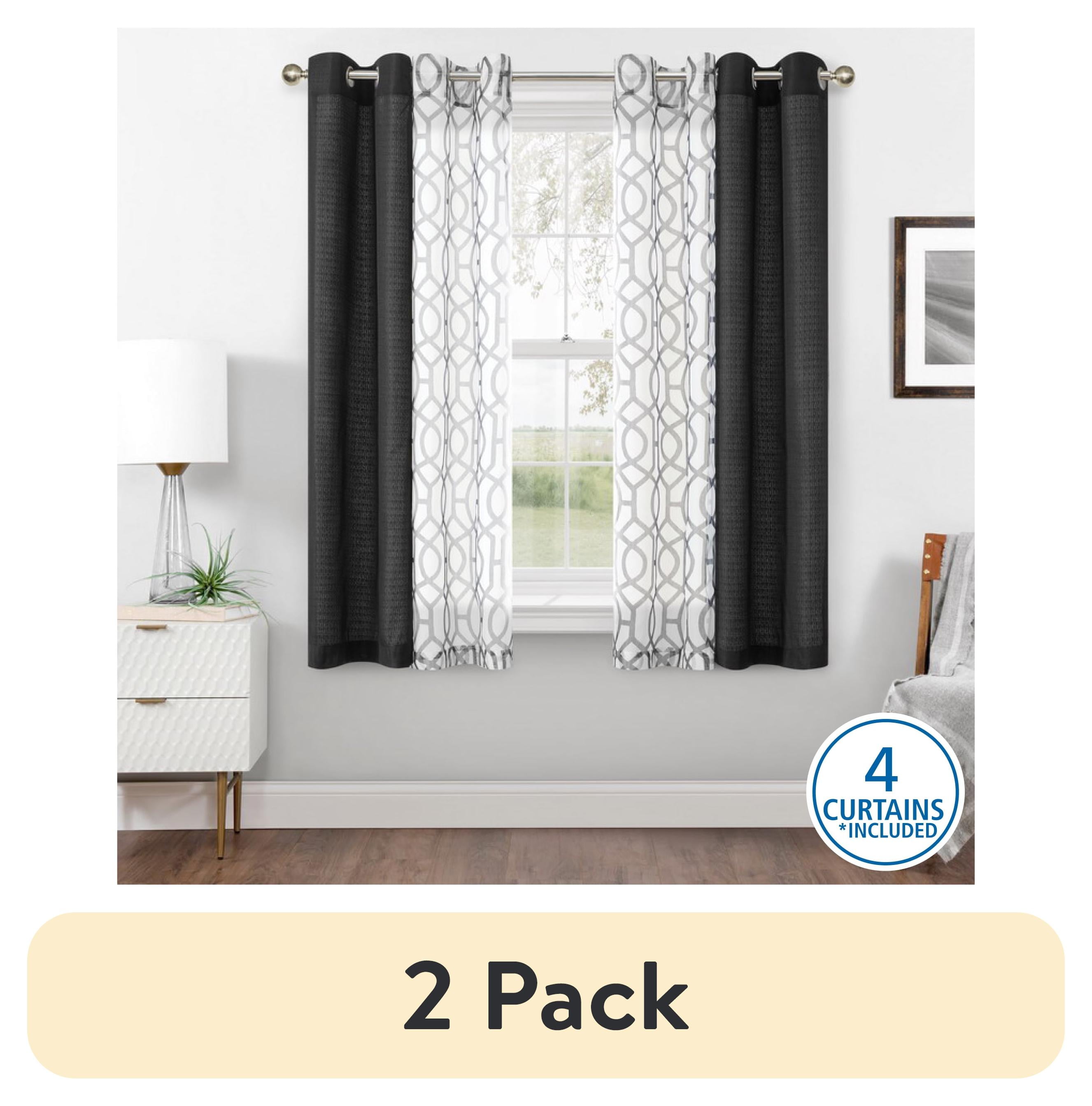 (2 pack) Mainstays Kingswood Solid and Printed Sheer Grommet Curtain Panel Set, 4 Piece, Black, 27.5" W x 63" L