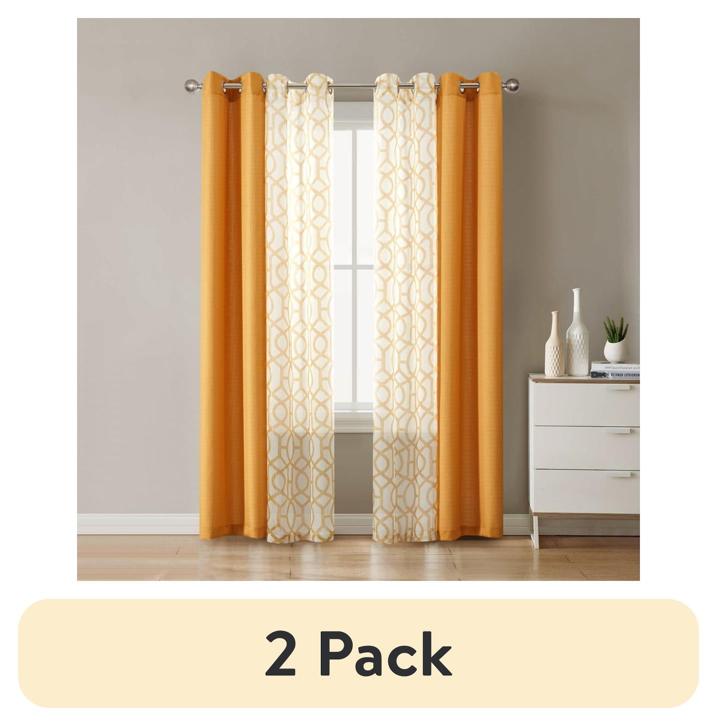 (2 pack) Mainstays Kingswood Solid and Printed Sheer Grommet Curtain Panel Set, 4 Piece, Brown Butter, 27.5" W x 84" L