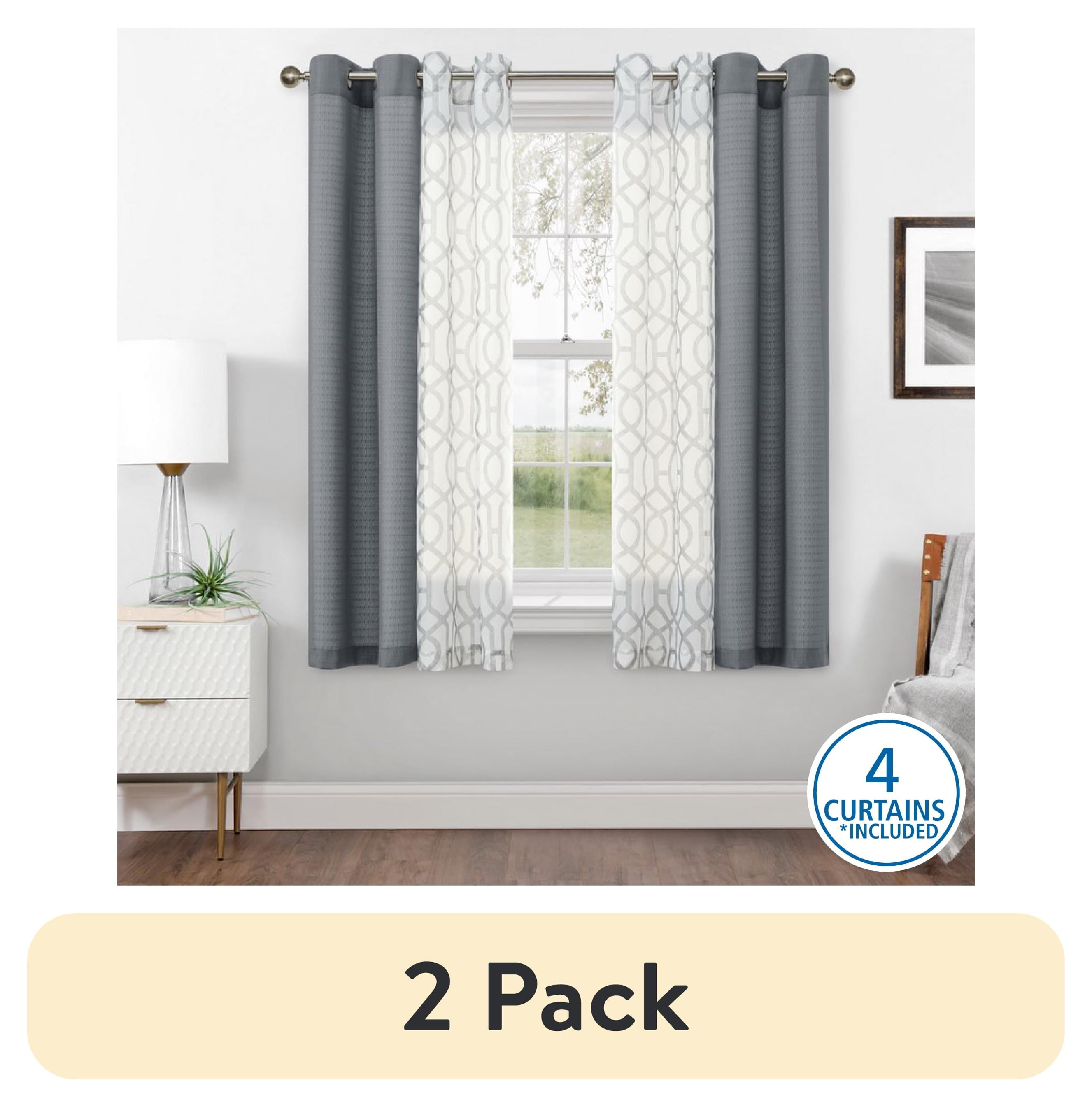 (2 pack) Mainstays Kingswood Solid and Printed Sheer Grommet Curtain Panel Set, 4 Piece, Gray Flannel, 27.5" W x 63" L