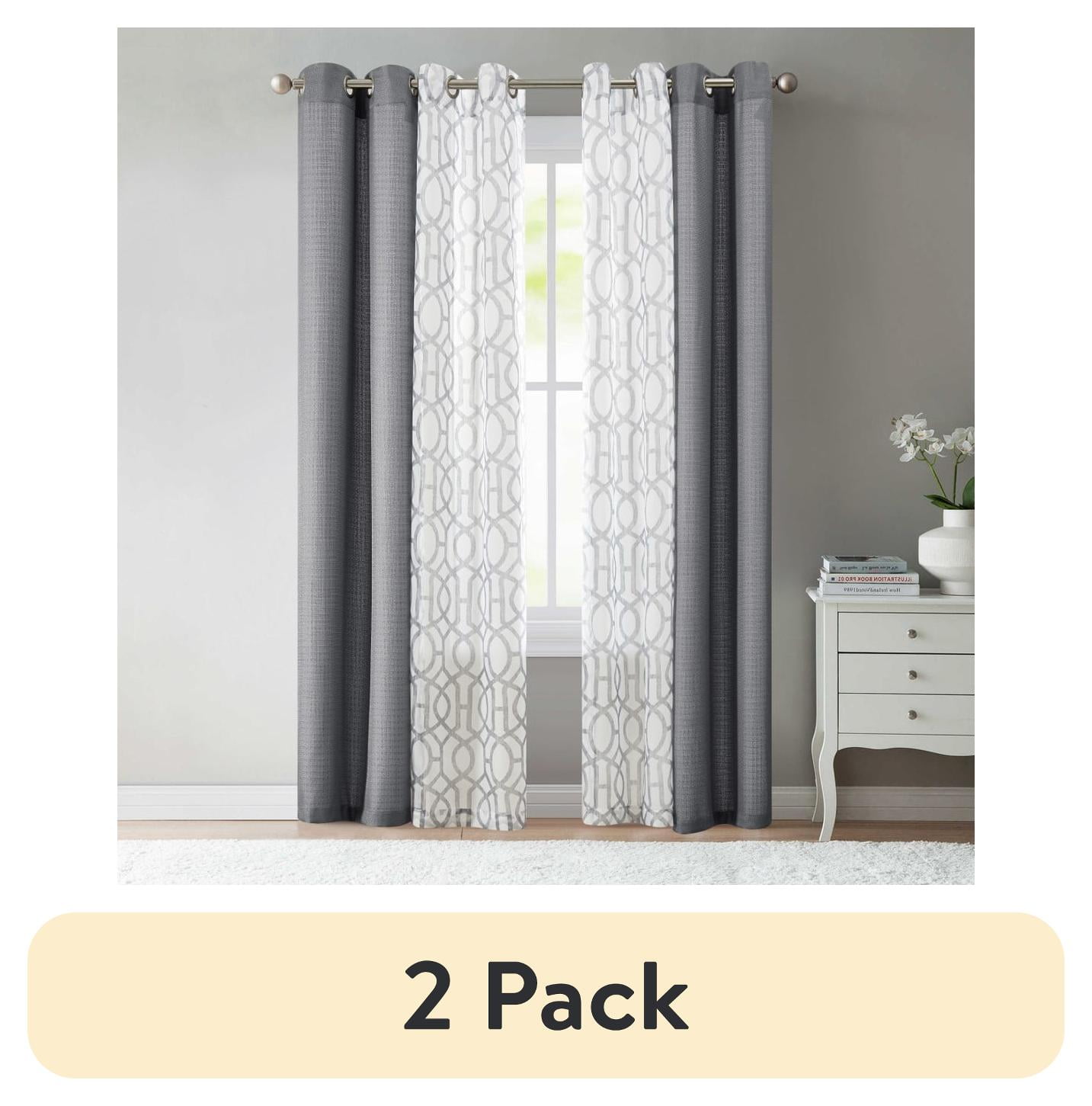 (2 pack) Mainstays Kingswood Solid and Printed Sheer Grommet Curtain Panel Set, 4 Piece, Gray Flannel, 27.5" W x 84" L