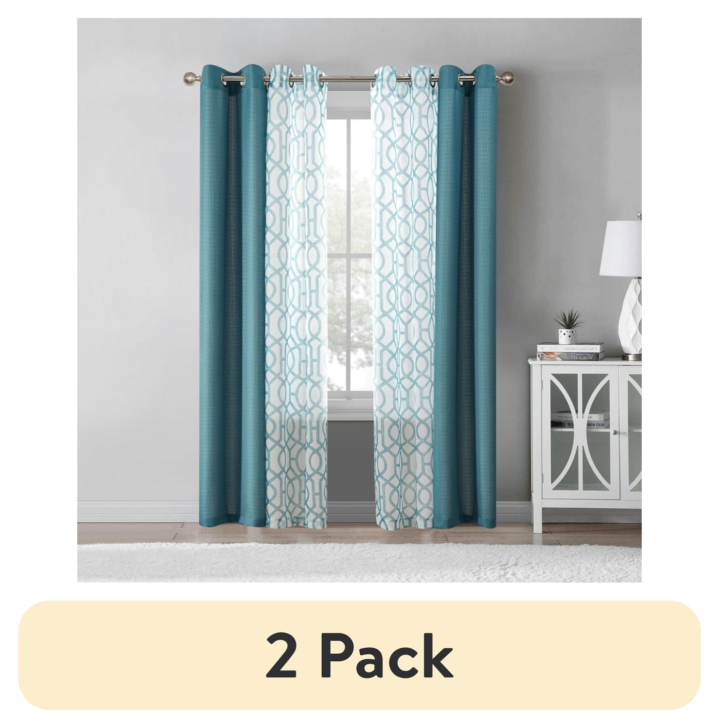 (2 pack) Mainstays Kingswood Solid and Printed Sheer Grommet Curtain Panel Set, 4 Piece, Pacifica Green, 27.5" W x 84" L